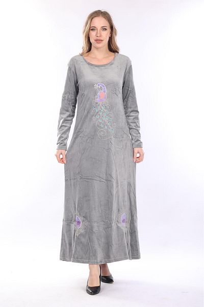 mervemoda Γυναικείο γκρι μπροστινό κέντημα βελούδινο μακρύ φόρεμα