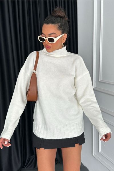 lovebox High Collar Wide Oversize Long Sleeve Ecru Sweater 2777