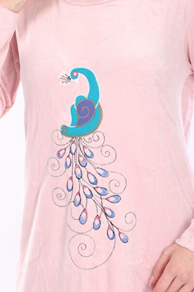 mervemoda Γυναικείο ροζ μπροστινό κέντημα βελούδινο μακρύ φόρεμα