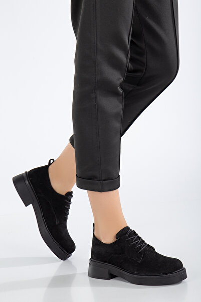 LULO Kadın İpli Şık Tarz Feminen 2,5 cm Termo Taban Ortopedik Suni Dana Loafer Siyah