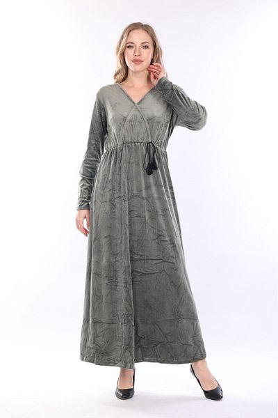 mervemoda Γυναικείο μακρύ βελούδινο φόρεμα με διπλό γιακά Χακί