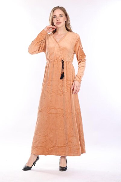 mervemoda Γυναικείο μακρύ βελούδινο φόρεμα με διπλό γιακά Salmon