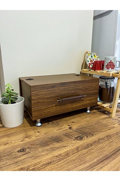 Mimoza Dignity Wooden Bread Box with Walnut Copper Handles and Chrome Legs
