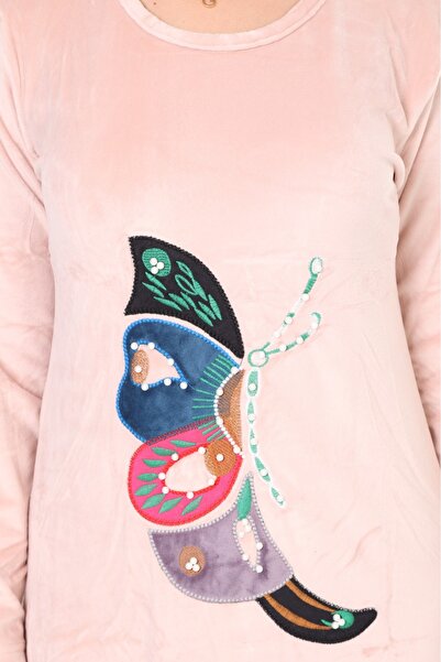 mervemoda Γυναικείο μακρύ βελούδινο φόρεμα με κέντημα μπροστά σε πούδρα