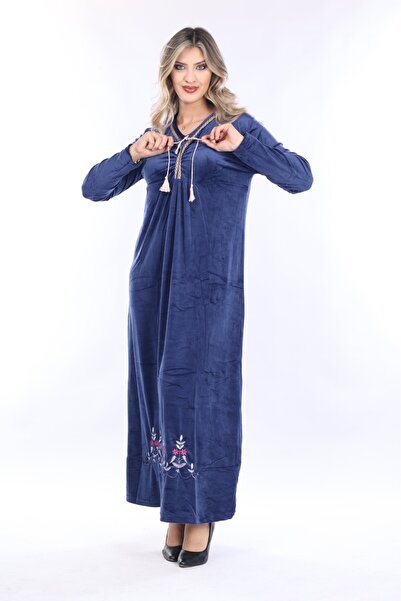 mervemoda Γυναικείο βελούδινο μακρύ φόρεμα Navy με V λαιμόκοψη