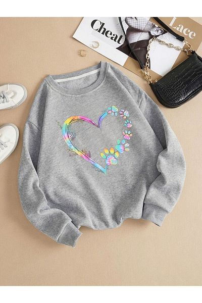 Josette Γκρι Oversize Paw Heart φούτερ - Χοντρό στάμπα με λαιμόκοψη