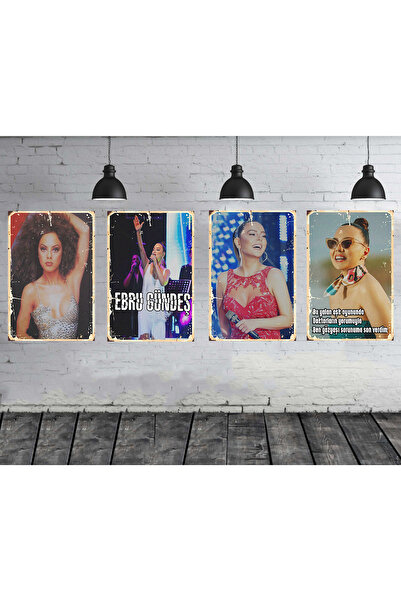 TAKIFİX Ebru Gündeş Seti 4 Adet 20x30 Cm Retro Ahşap Poster