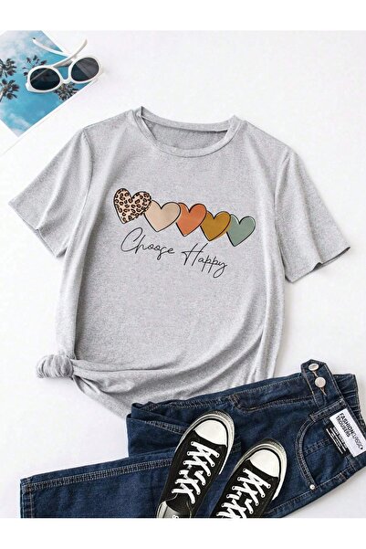over head oh Ženska siva Choose Happy Štampano Oversize T-shirt