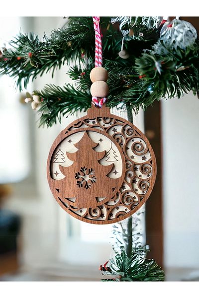 HippoDeco Snowflake and Star Detailed Pine Tree Patterned Double Layer Scandinavian Style Christmas Ornament