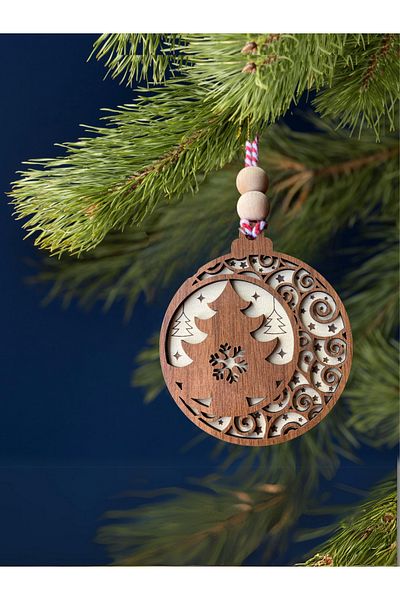 HippoDeco Snowflake and Star Detailed Pine Tree Patterned Double Layer Scandinavian Style Christmas Ornament