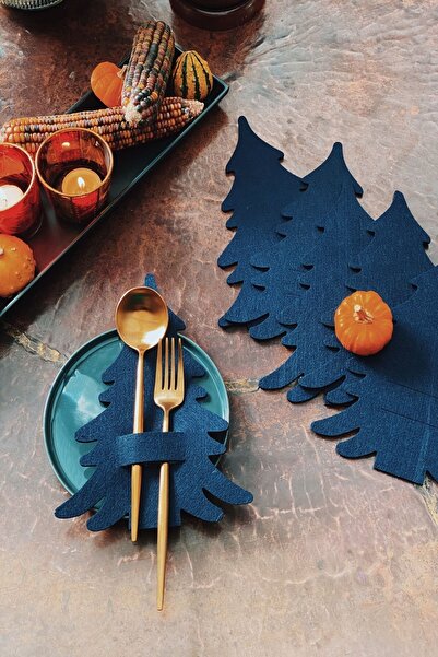 Emtory Lacivert 6 Adet Dekoratif Çam Ağacı Peçetelik & Kaşıklık Yılbaşı Süsü - Kalın Keçe