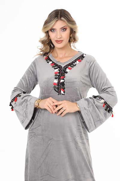 mervemoda Women's Gray neckline tassel detailed long velvet dress