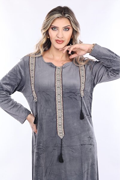 mervemoda Γκρι ριγέ βελούδινο γυναικείο φόρεμα