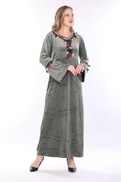 mervemoda Γυναικείο μακρύ βελούδινο φόρεμα με φούντα με γιακά Χακί
