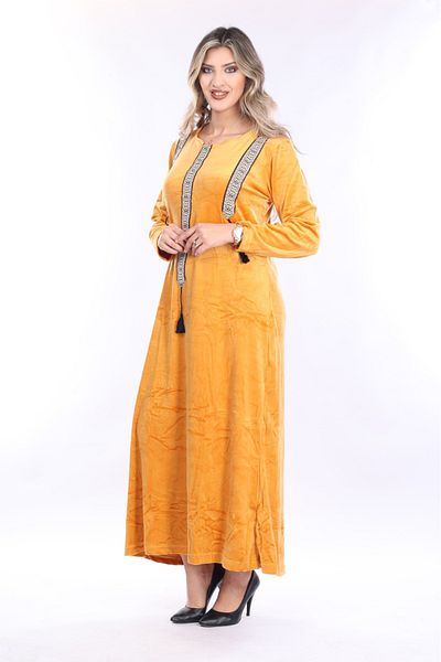 mervemoda Γυναικείο μακρύ βελούδινο φόρεμα με ριγέ γιακά με μουστάρδα