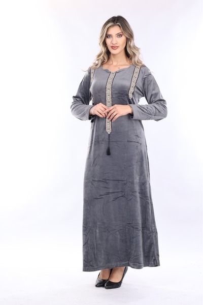 mervemoda Γκρι ριγέ βελούδινο γυναικείο φόρεμα