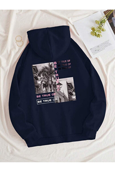 Yasolin BE TRUE Hanorac cu glugă supradimensionat, colorat, bleumarin