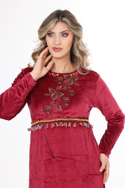 mervemoda Γυναικείο μακρύ βελούδινο φόρεμα με γιακά μπορντό