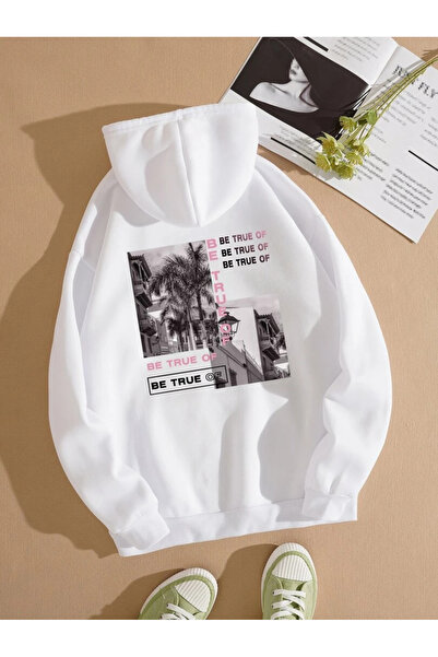 Yasolin BE TRUE Šareni Oversize kroj Sa kapuljačom Dukserica Bela