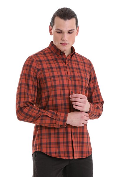 Hatemoğlu Kiremit Comfort Fit Kareli 100% Pamuk Düğmeli Yaka Uzun Kollu Klasik Gömlek