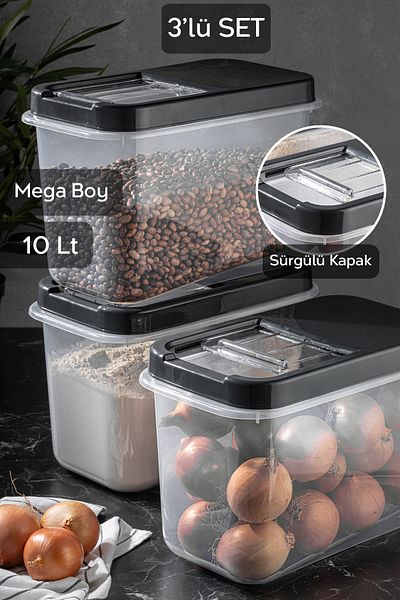 Meleni Home 3-Piece 10 Lt Mega Size Kitchen Organizer Food Supply Flour Storage Container - Storage Box with Sliding Lid Anthracite