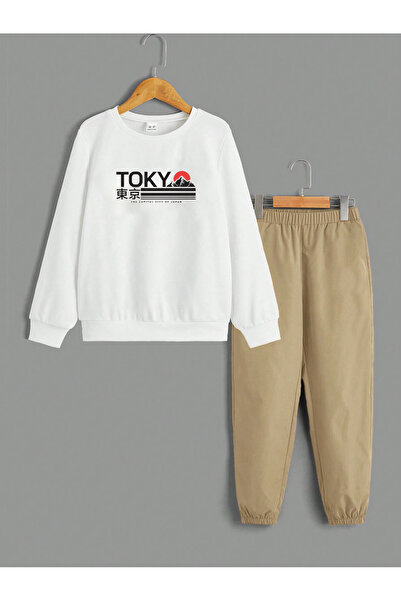 Baskılı Pamuklu Çocuk Üst Beyaz Alt Vizyon Sweatshirt Takımı