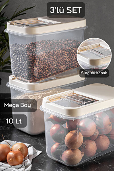 Meleni Home 3'lü 10 Lt Mega Boy Mutfak Düzenleyici Erzak Un Saklama Kabı - Ka...