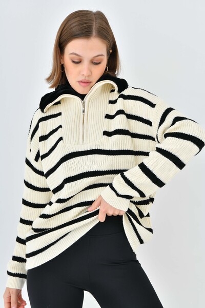 VOLT CLOTHİNG Women's Collar Fur Zipper Striped Knitwear Sweater