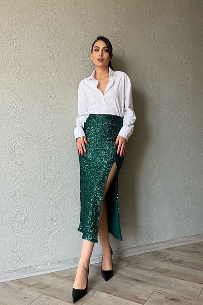 Seda Yalçın Atelier Fusta midi cu paiete verde petrol, cu fermoar, cu detaliu cu fante