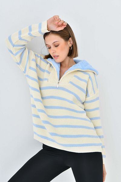 VOLT CLOTHİNG Pulover de damă cu guler blană cu fermoar în dungi