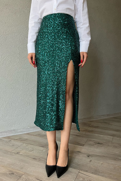 Seda Yalçın Atelier Fusta midi cu paiete verde petrol, cu fermoar, cu detaliu cu fante