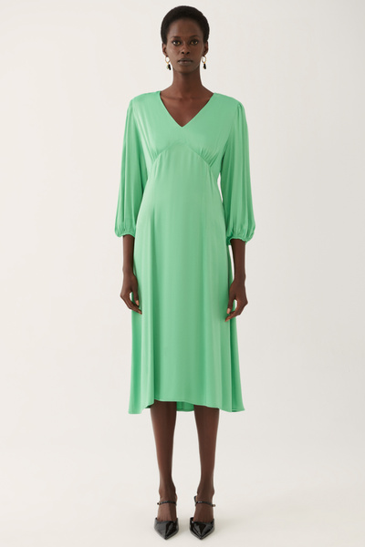 Perspective Angely Regular Fit V-neck Midi Length Apple Green Color Dress