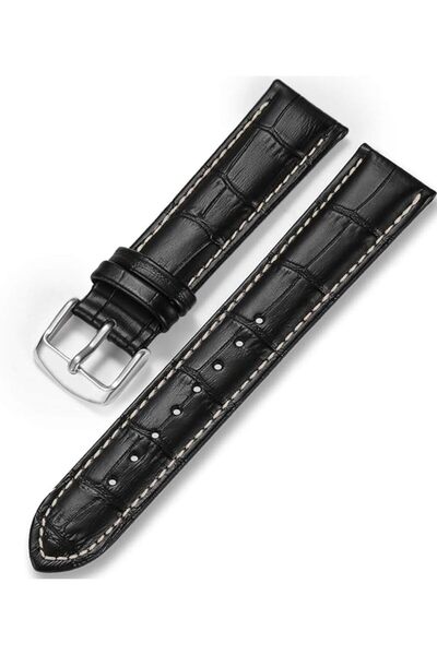 FADO 22 Millim Genuine Calf Leather <8 >Black Watch Strap with White Stitching