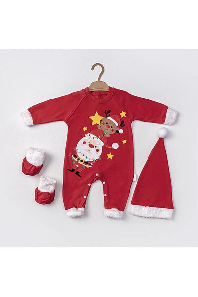 PODIUM GYM Baby New Season New Year Themed Santa Claus Printed Jumpsuit Set of 3 with Booties and Hat