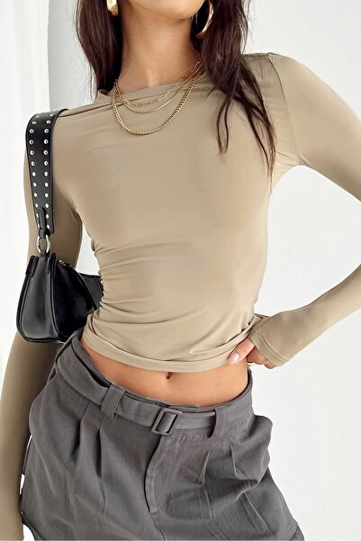 World Fashion Trends Bisiklet Yaka Basic Uzun Kollu BEJ Body