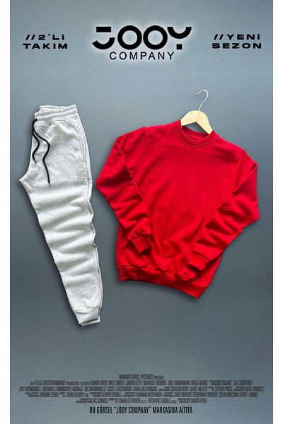 Jooy Company Red Crew Neck Sweatshirt Gray Sweatpants Set 2-Piece Combination