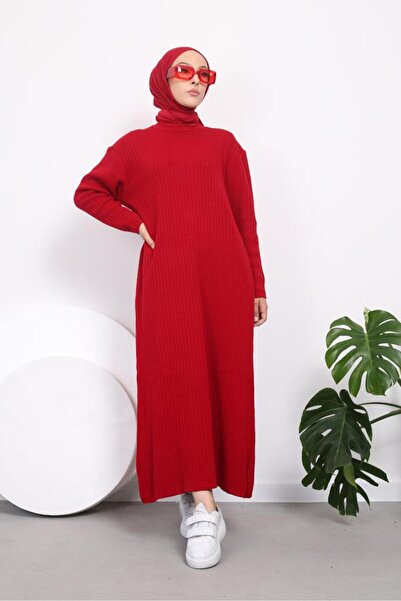 FATELLA Kadın Likralı Standart Beden Bisiklet Yaka Tam Boy Fitilli Triko Elbise