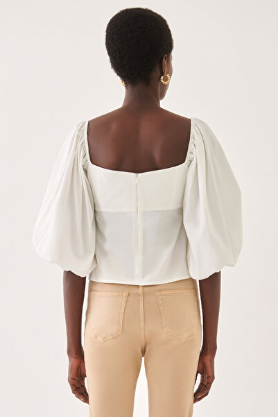 Perspective Square Neck Ecru Women's Blouse - Regular Fit Short Karels