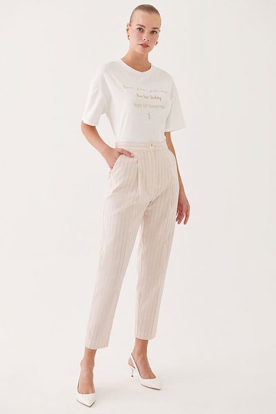 Perspective Adonias High Waist Striped Beige Pink Women's Trousers - Regular Fit Ankle Length