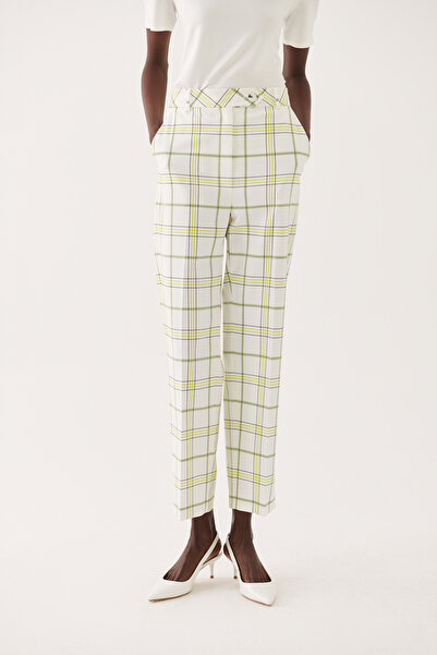 Perspective Adries Regular Fit Ankle Length Plaid Patterned High Waist Ecru Lime Color Women's Trousers
