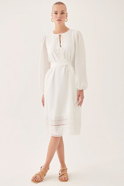 Perspective Madis Comfortable Fit Crew Neck Below Knee Ecru Color Dress