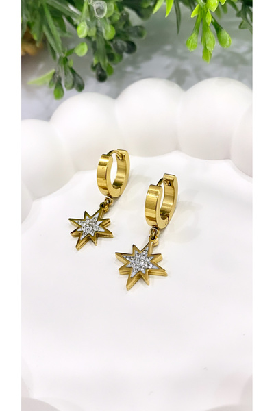 JustGAF Gold / Gold Color Zircon Cubic Zirconia Pole Star Figured Dangle Steel Earrings