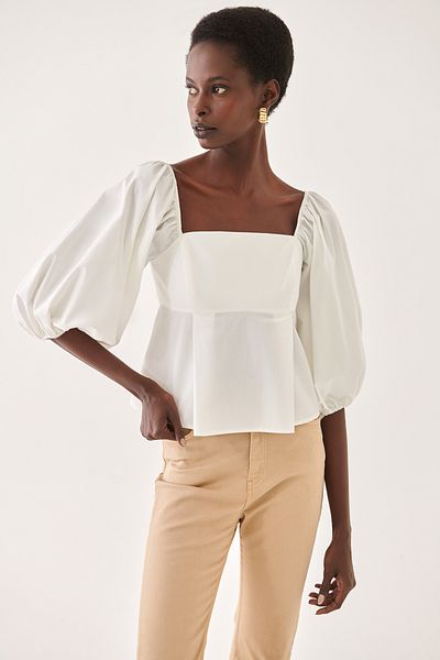 Perspective Square Neck Ecru Women's Blouse - Regular Fit Short Karels