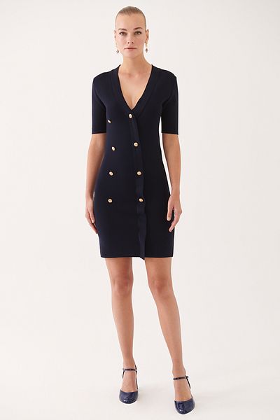 Perspective Illas Knee Length Navy Color Degaje Collar Knitwear Dress - Regular Fit