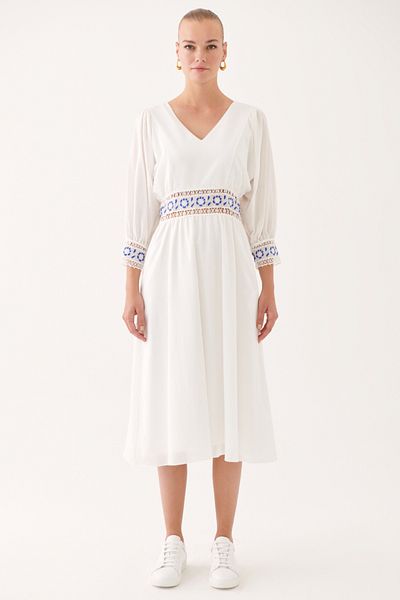Perspective Madis Regular Fit V-neck Midi Length Ecru Color Dress