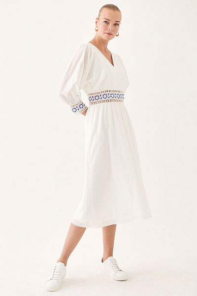 Perspective Madis Regular Fit V-neck Midi Length Ecru Color Dress