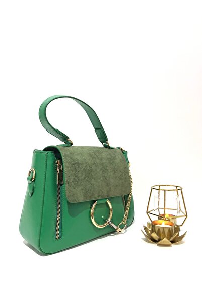 womenacs Green Color Suede Covered Women's Handbag with Chain Accessories and Shoulder Strap