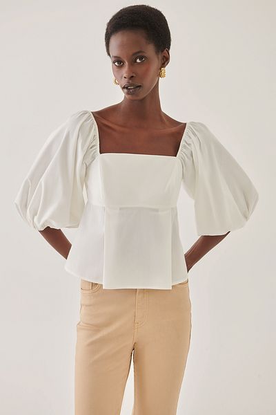 Perspective Square Neck Ecru Women's Blouse - Regular Fit Short Karels