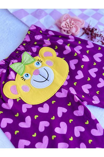 TD Collection 100% Cotton Girl's / Baby Pink Pants with Purple Heart and Teddy Bear Embroidery