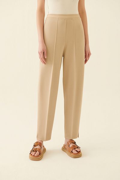 Perspective Illas Regular Fit Ankle Length High Waist Beige Color Women's Knitwear Trousers